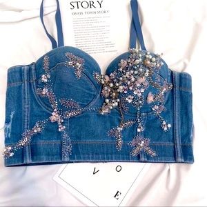 Beaded Pearl And Rhinestone Denim Bustier